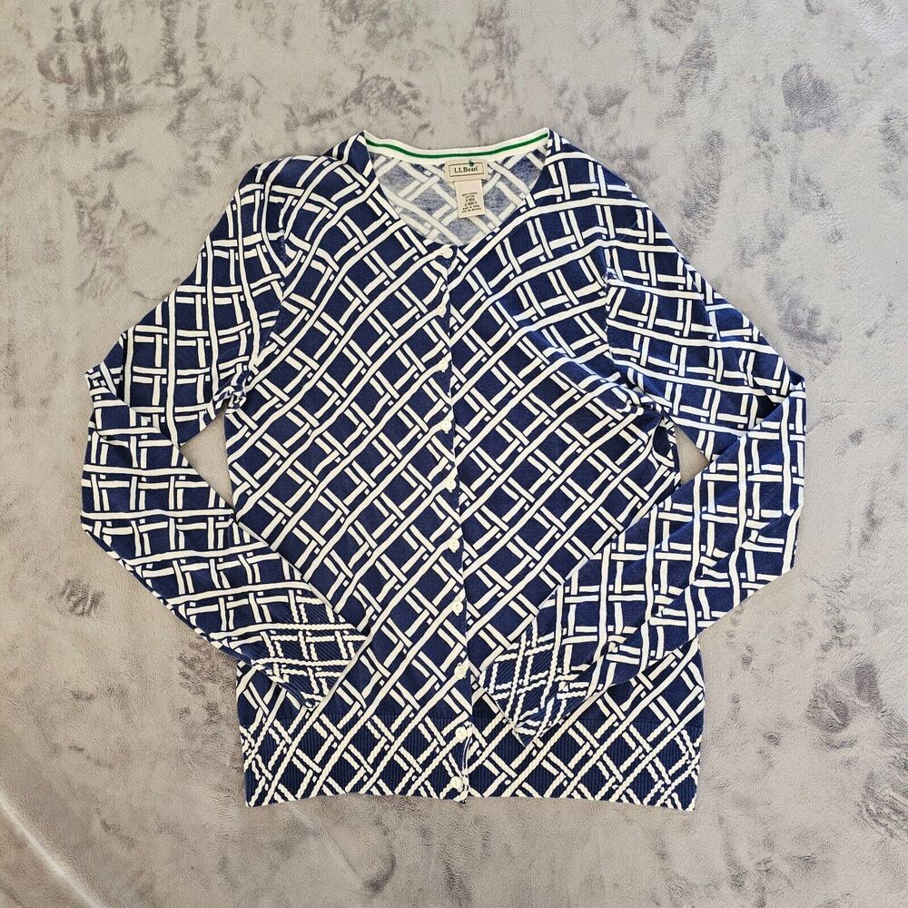 LL Bean Cardigan Sweater Top Womens Small Blue White Supima Cotton Long Sleeve - Picture 1 of 8